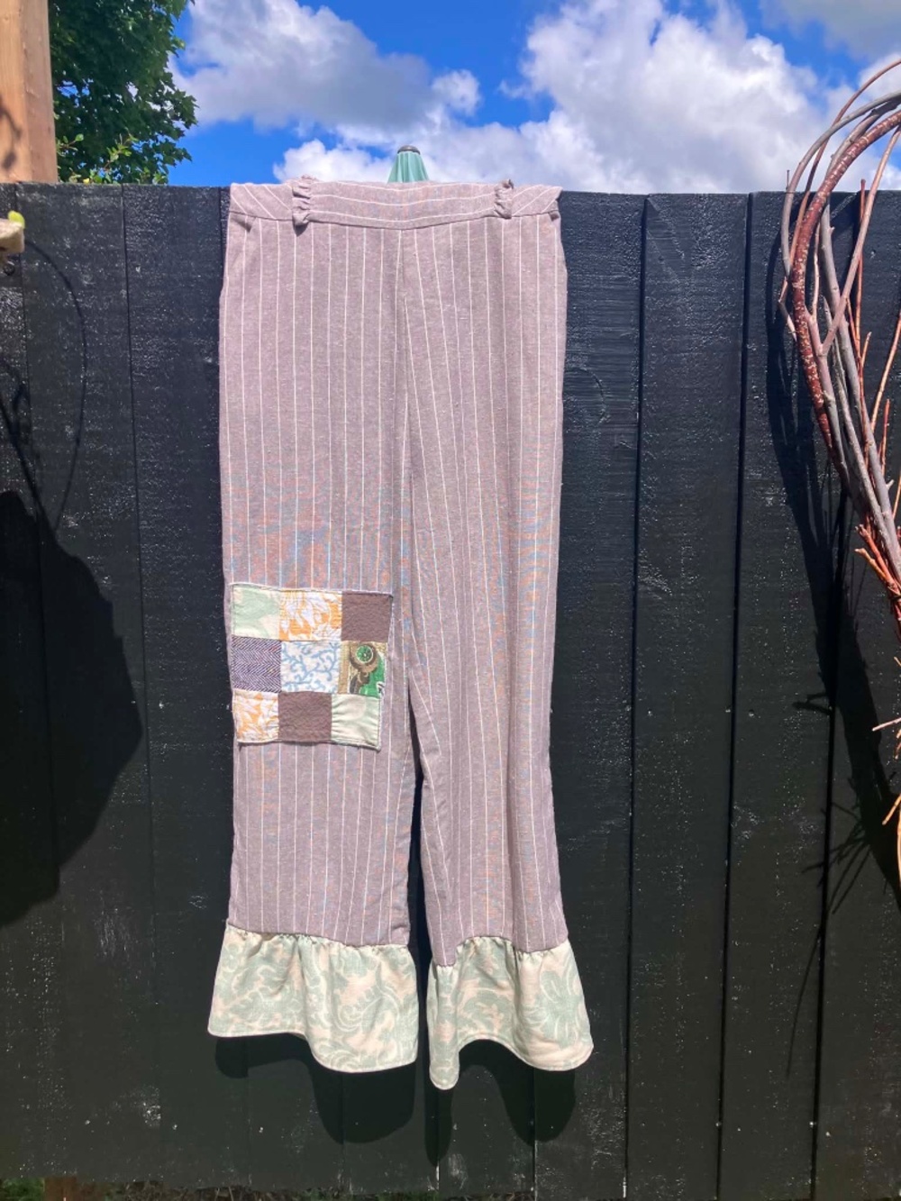One-of-a-Kind Reworked Jumpsuit with Patch & Ruffle Hem - Picture 4 of 5